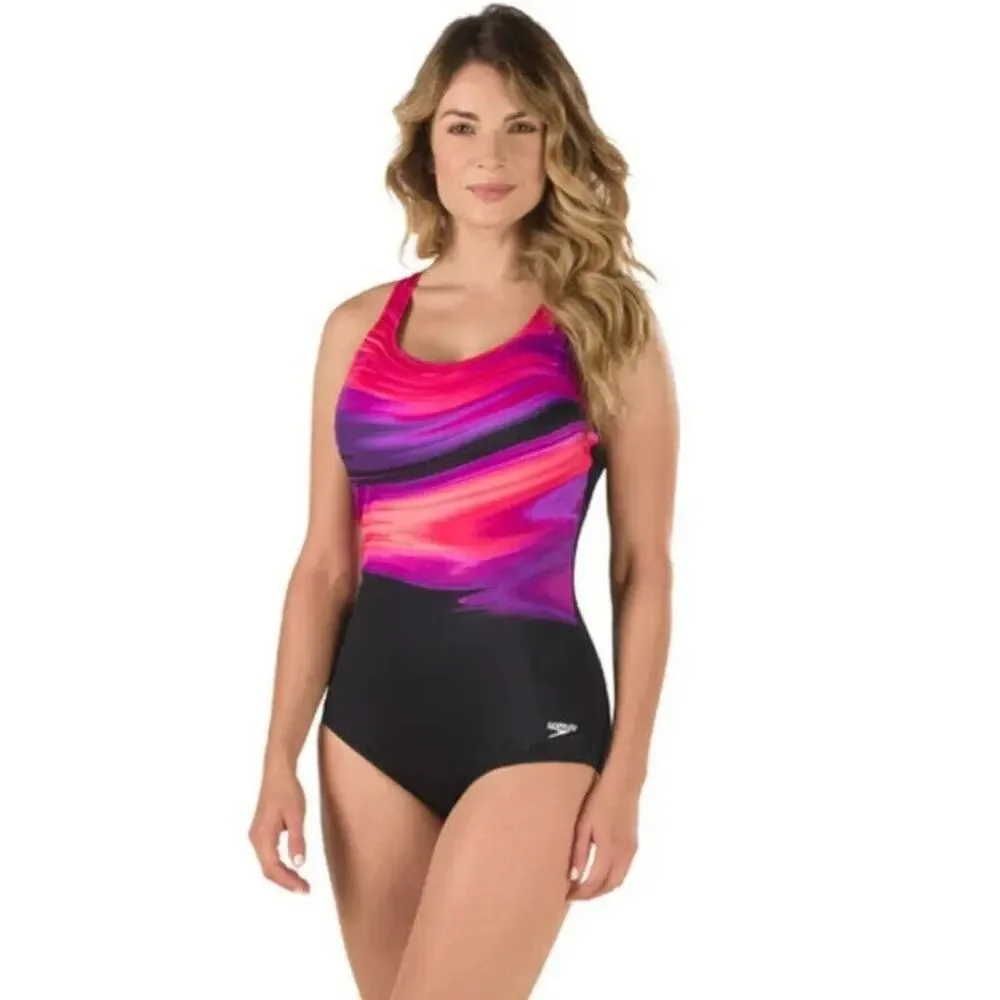 Speedo Swim Womens Size 10 Black Beach One-Piece‎ Powerflex Eco Swimsuit Modesty
